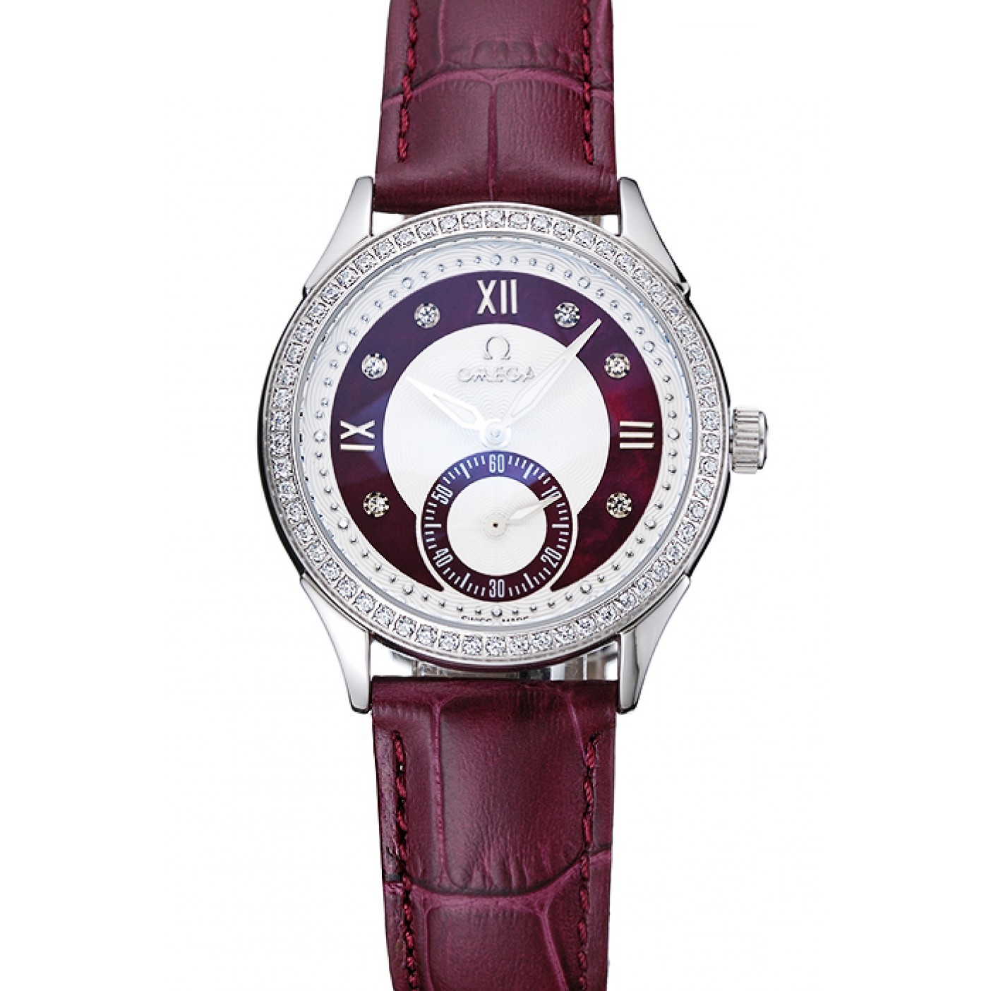 Omega DeVille Prestige Dark Red Dial Silver Diamond Case Dark Red Leather Bracelet 1454121