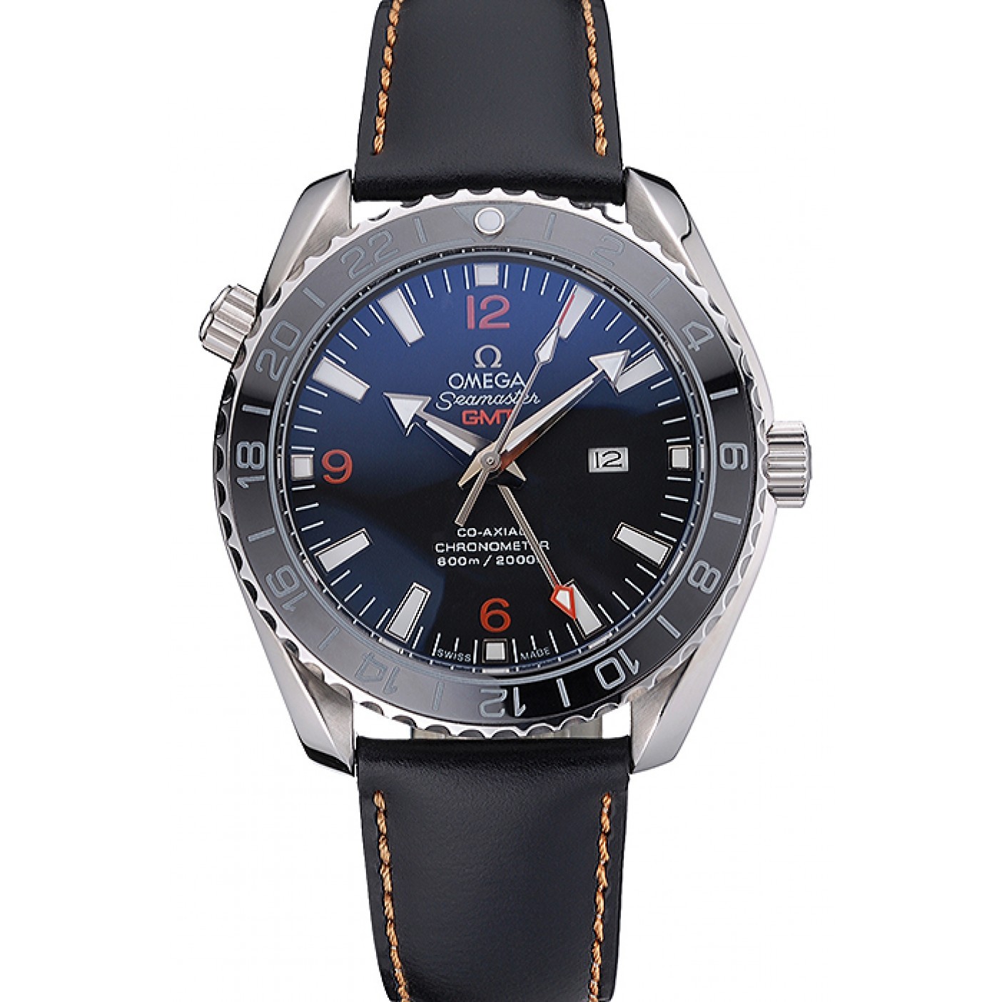 Omega Seamaster Planet Ocean GMT Black Dial Black Leather Band 622393
