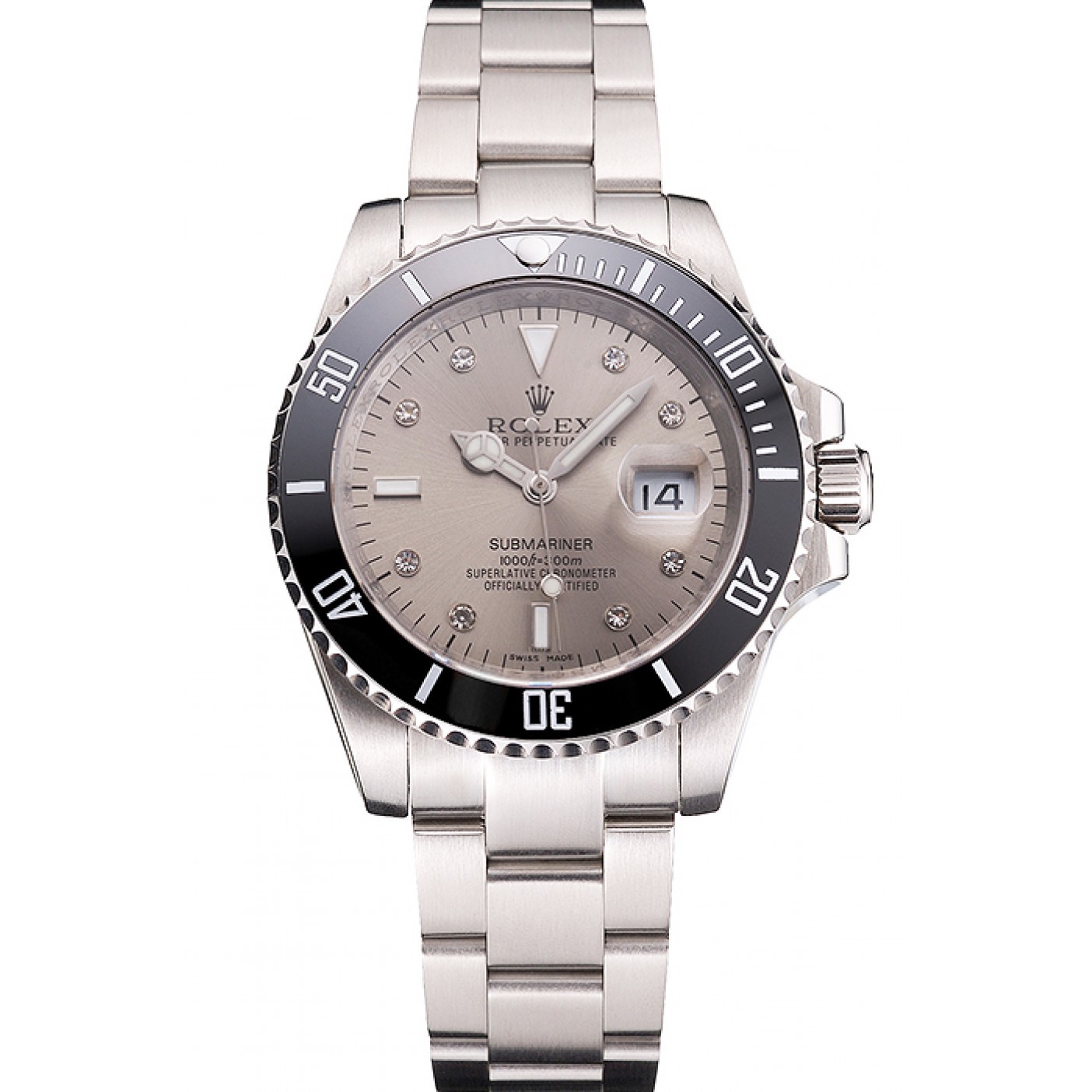 Swiss Rolex Submariner Silver Dial Diamond Markings Black Bezel Stainless Steel Case And Bracelet